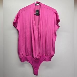 Reset By Jane Hot Pink Bodysuit Top Sz L NWT Draped V-Neck Bubble Hem Party 🎁